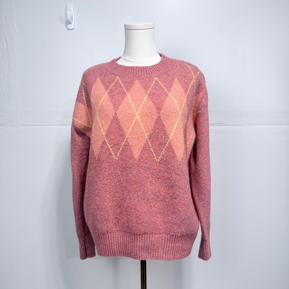 LOFT Pink Argyle Crew Neck Sweater Small Wool Blend Knit Preppy